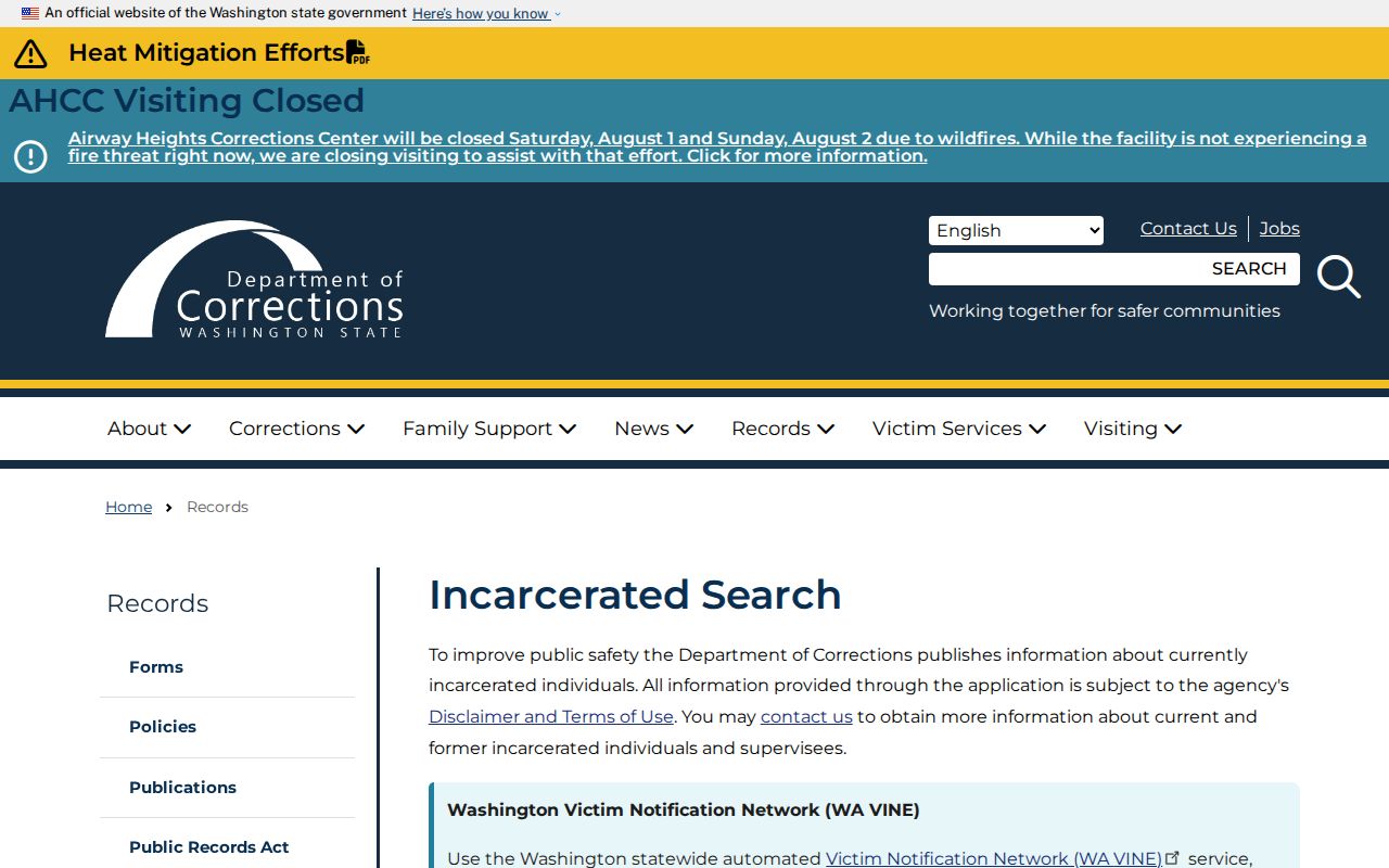 Washington DOC incarcerated person search fields for a Martha Lake search