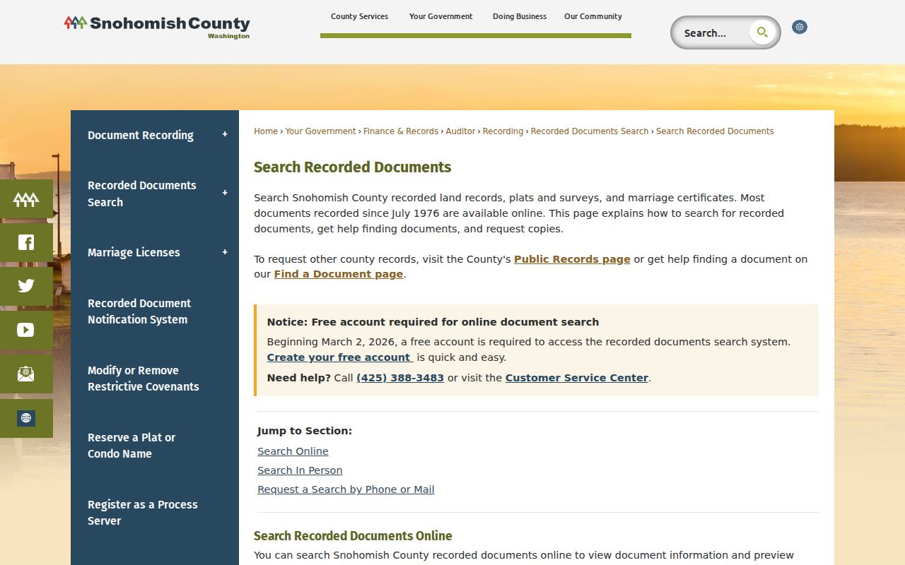 Snohomish County recorded document search instructions for Martha Lake records