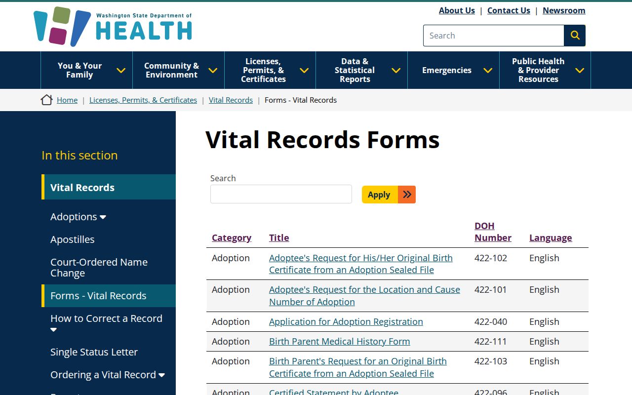 Martha Lake public records access through Washington vital record forms